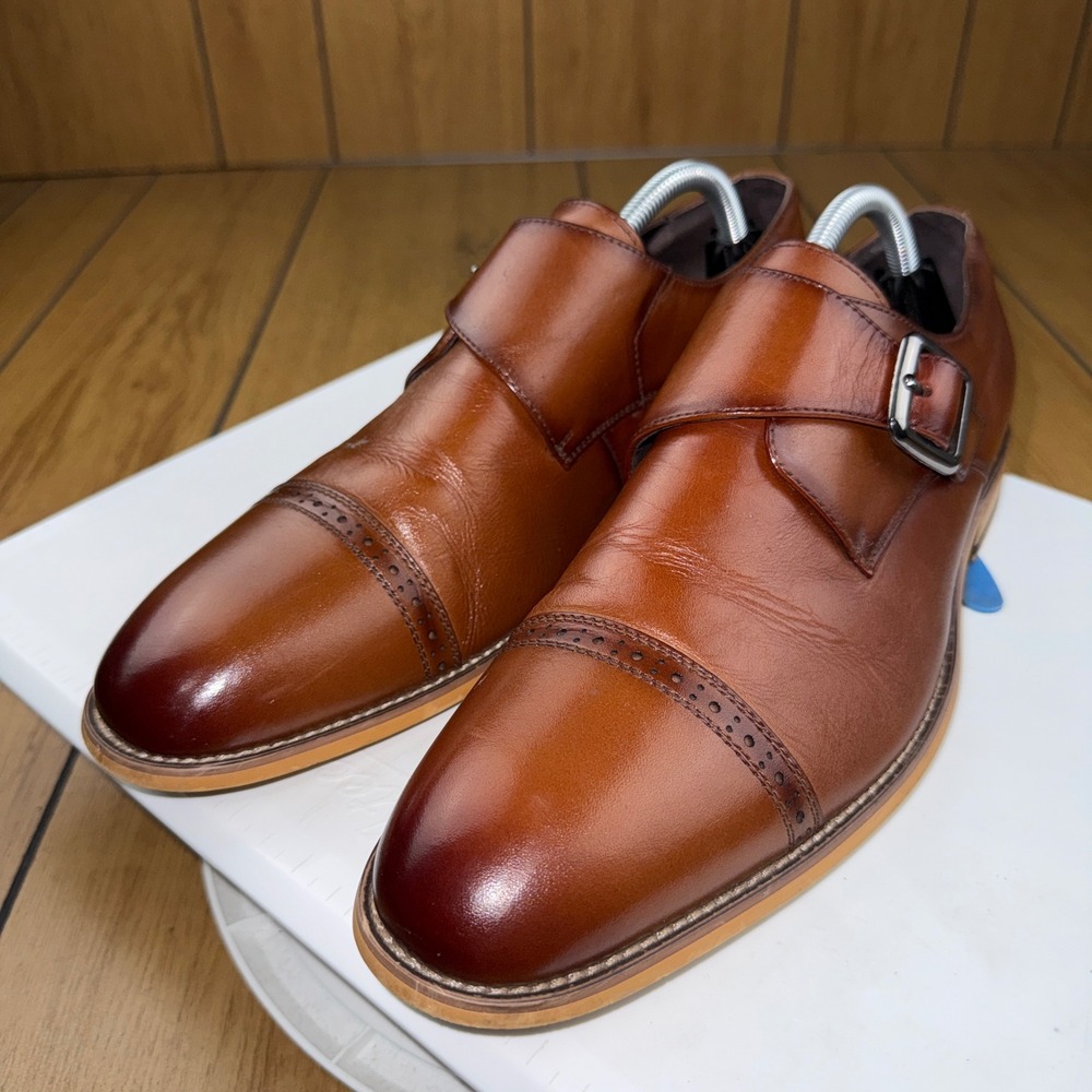 Stacy Adams Mens Cognac Brown Leather Cap Toe Single Monk Strap Shoes 25162-221 - Picture 9 of 16